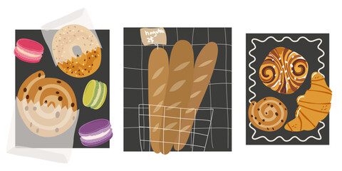 Traditional French dishes. French pastries, sandwich, macarons and baguettes. Sweet baked desserts from wheat flour. Snack food. Abstract retro posters for kitchens, cafes and wall decor