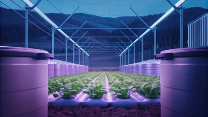 Rows of leafy greens illuminated by purple LED grow lights in a technologically advanced farm setting at night. Water tanks flank the sides under a metal framework against a mountain backdrop.