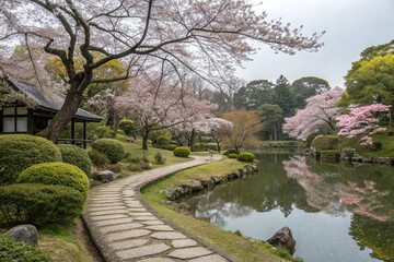 Scenic Japanese Garden With Cherry Blossom Trees Stone Pathway Pond Reflections Serene Spring Landscape