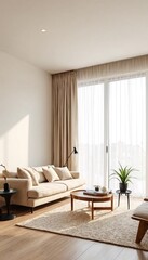 A living room with beige walls and furniture.