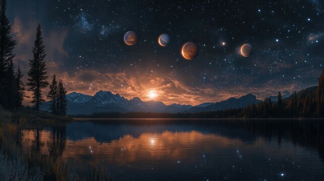 night sky panorama capturing the alignment of five planets above a tranquil lake.