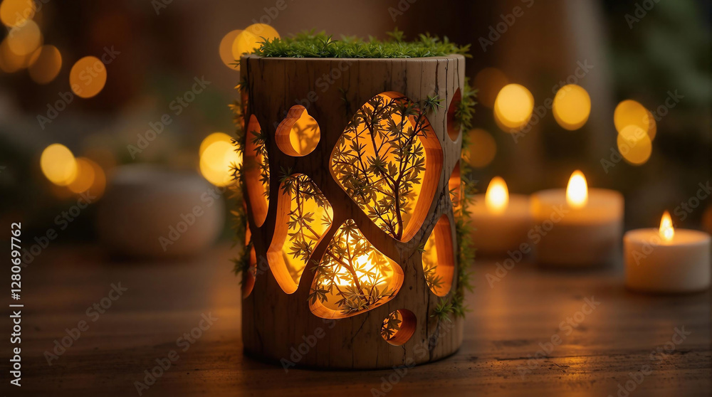 Poster A rustic wooden candle holder adorned with moss and illuminated by candles, set against a blurred background with a bokeh effect.