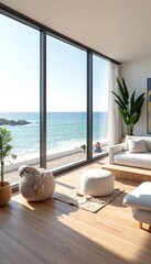 Naklejka premium A living room with a large window overlooking the ocean.