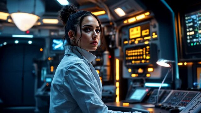 A woman in a white lab coat is seated in a futuristic control room with complex monitors. She is looking to the side, possibly monitoring data or observing something beyond the frame.