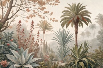 Tropical Landscape with Palm Trees Succulents Cactus and Dense Foliage in Soft Misty Background