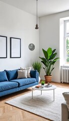 Living room interior design with blue sofa and white coffee table.