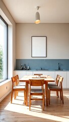 Fototapeta premium A modern kitchen with a wooden dining table and chairs.