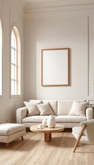 Fototapeta premium A living room with white walls and light-colored furniture.