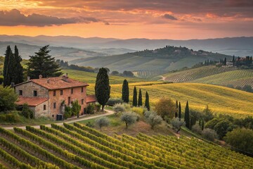Obraz premium Rustic Tuscan Farmhouse Amid Rolling Vineyards at Sunset with Cypress Trees and Scenic Hills in Italy