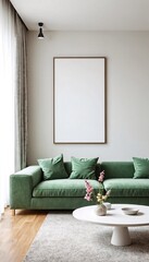 Fototapeta premium Minimalist interior design featuring a green sofa and blank white frame on a plain background.