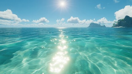 Fototapeta premium Crystal-clear ocean water with sunlight dancing on its surface, small ripples forming in the gentle morning breeze