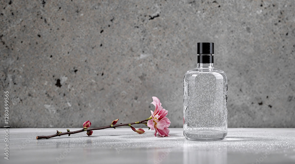 Poster a clear glass bottle with a black cap, placed on a surface with a single pink flower beside it. the 