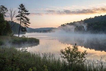 Fototapeta premium Serene Morning Lake with Misty Fog Pine Trees Grass Sunrise Reflections and Forest Hills