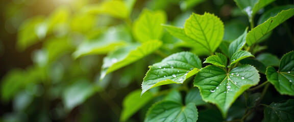 Vibrant green leaves with water droplets in dewy forest, freshness