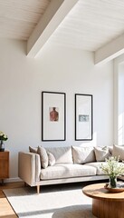 Living room with beige sofa and wood coffee table.