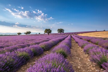Fototapeta premium Vibrant Lavender Fields With Rows Leading To Trees Under Blue Sky At Sunset In Countryside
