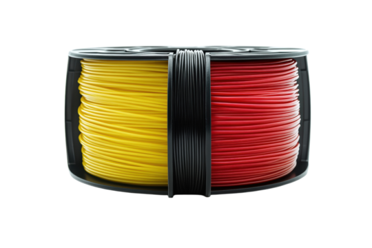 Colorful plastic filament spool for 3D printing showcasing a vibrant yellow and red design
