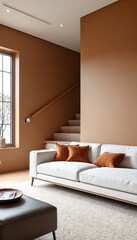 Living room with a brown wall.
