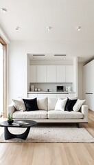 Fototapeta premium A modern living room with a minimalist aesthetic featuring white walls and furniture.
