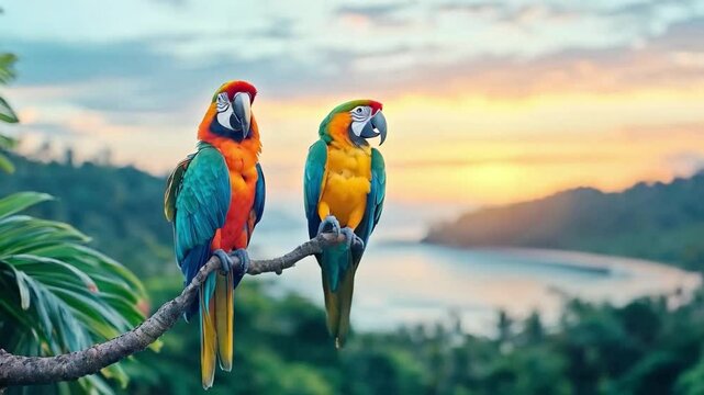 Two vibrant macaws sit gracefully on a tree branch as the sun sets over a lush, tropical landscape. The sky is awash with hues of orange and purple, creating a stunning backdrop.