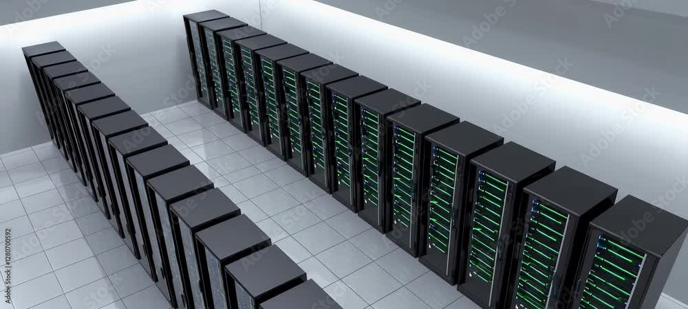 Poster hightech data center with rows of servers featuring dynamic led lights