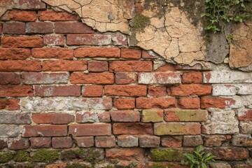 Fototapeta premium Old Weathered Red Brick Wall with Cracked Plaster and Moss Growth in Outdoor Rustic Setting