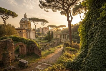 Obraz premium Ancient Roman Ruins with Historic Church Surrounded by Lush Greenery at Sunrise with Dramatic Sky