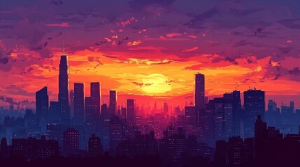 Fototapeta premium City Sunset Skyline, vibrant colors, cityscape, dramatic light, background scene, possible use for wallpaper or phone background