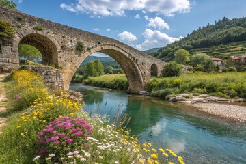 Fototapeta premium Ancient Stone Bridge Over Clear River with Wildflowers and Green Hills Under Blue Sky with Clouds