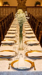 A wedding reception table set with gold-rimmed plates and elegant glassware.