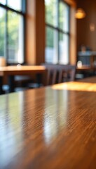A blurry photo of an empty cafe with brown walls and large windows.