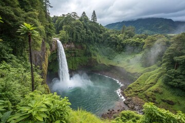 Fototapeta premium Majestic Waterfall Cascading Into Green Natural Pool Amid Lush Tropical Forest Under Cloudy Sky