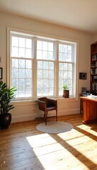 A bright and airy home office with large windows.