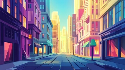 Obraz premium Colorful cartoon city street scene, bright sunny day, urban setting, for digital art background