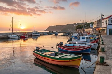 Fototapeta premium Scenic Harbor View with Vibrant Fishing Boats Reflecting on Calm Water During Sunrise in Coastal Village