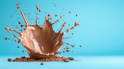 Chocolate splashes dramatically out of a stylish chocolate cup creating an irresistible scene of deliciousness and indulgence