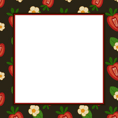 Square frame of stylized strawberries, leaves, and cream flowers on a dark brown background surrounds a blank white square.