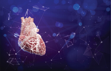 3D illustration of a structure of triangles connected by dots in the shape of a human heart placed on a dark background. Used in medicine, science, education, advertising, commerce and industry.