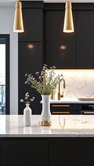 Kitchen with Black Cabinets and White Marble Countertops.