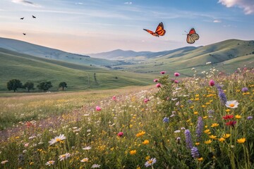 Wildflower Meadow with Orange Butterflies Flying Over Green Hills and Trees Under Blue Sky at Sunset