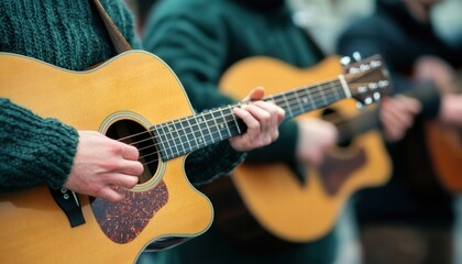 Obraz premium Celebrating St. Patrick's Day. Musicians playing acoustic guitars outdoors in a relaxed setting.