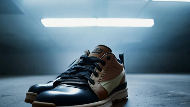 Overhead fluorescent light, zoom-out video from a worn-out shoe, the impersonal lighting adds to the sense of detachment
