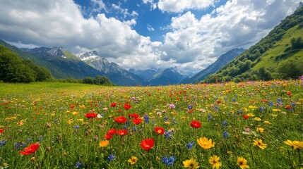 A vast, open meadow filled with vibrant flowers, nestled between Eastern European mountains.