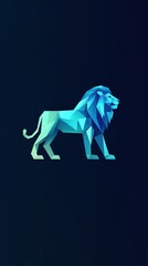 Fototapeta premium Create a minimalist polygonal lion logo with futuristic style, featuring dynamic geometric shapes in the body and a slightly wavy tail, while the expressive eyes shine in electric blue and sea green.