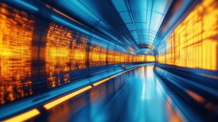 Futuristic stock market tunnel with digital numbers and charts creating a dynamic environment filled with motion blur