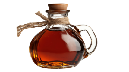 Glass bottle filled with rich amber syrup displayed on a neutral background for culinary purposes