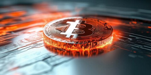 Digital representation of a bitcoin symbol glowing on a geometric background during a finance innovation trend