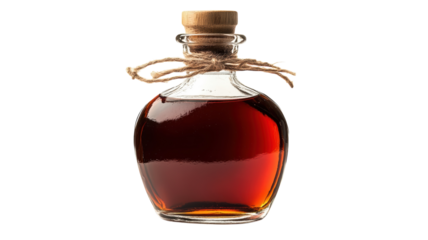Unique glass bottle filled with rich syrup displayed on a plain background in a studio setting during daylight