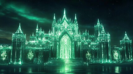 Fototapeta premium Fantasy castle glowing green, night sky, magical portal, background scene, stock image