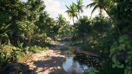 Obraz premium Lush Tropical Landscape with River, Palm Trees, and Vibrant Green Plant Life in a Serene Natural Environment